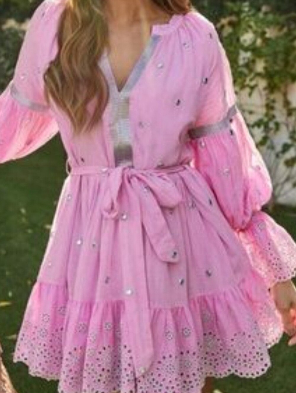 Anthropologie PQ Swim Pink Eyelet Mini Dress with Silver Trim No Belt